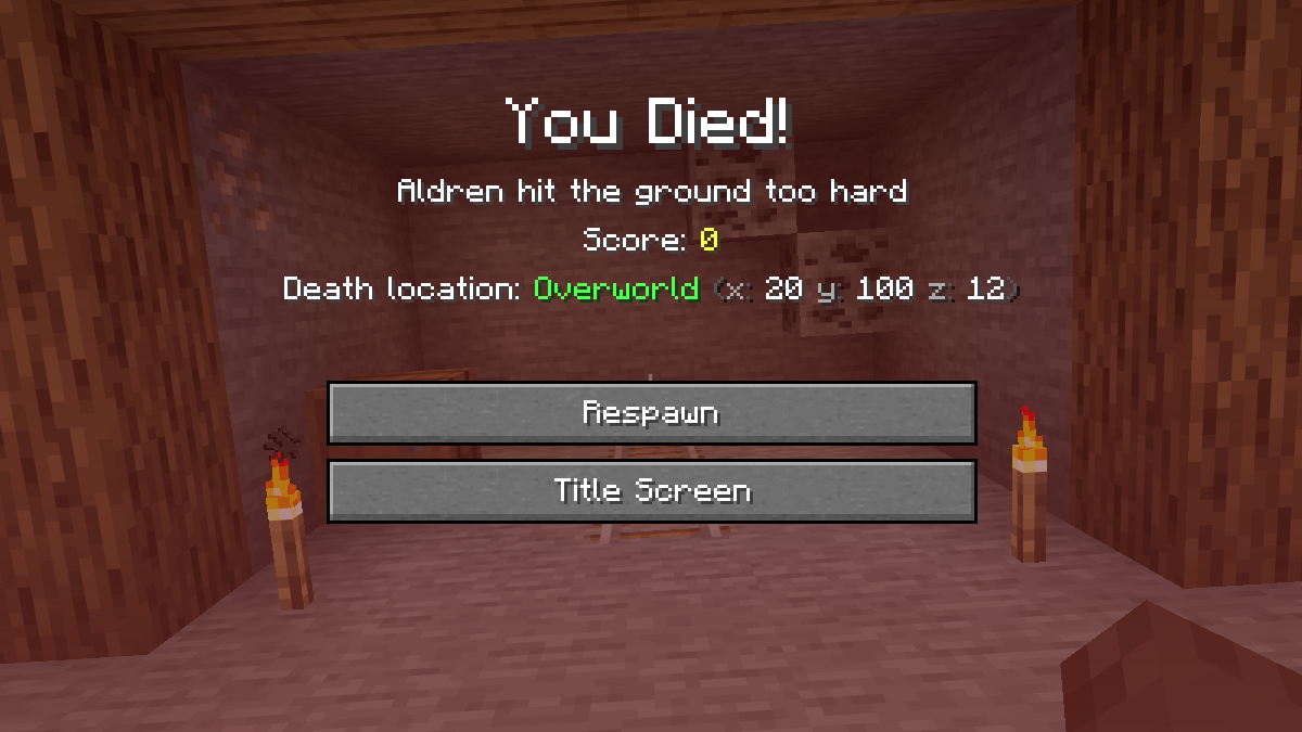 Aldren dies at the mining site, away from the bed at home. The death screen records the accident’s location.