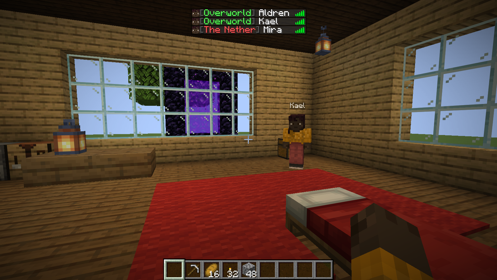 Aldren checks from the Overworld base: Mira is in the Nether while Kael is still in the Overworld.