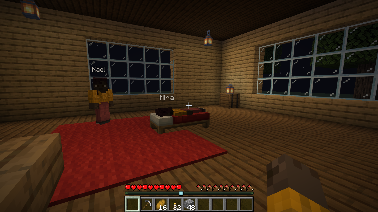 Mira lies in bed at night; Kael stands beside the work area.